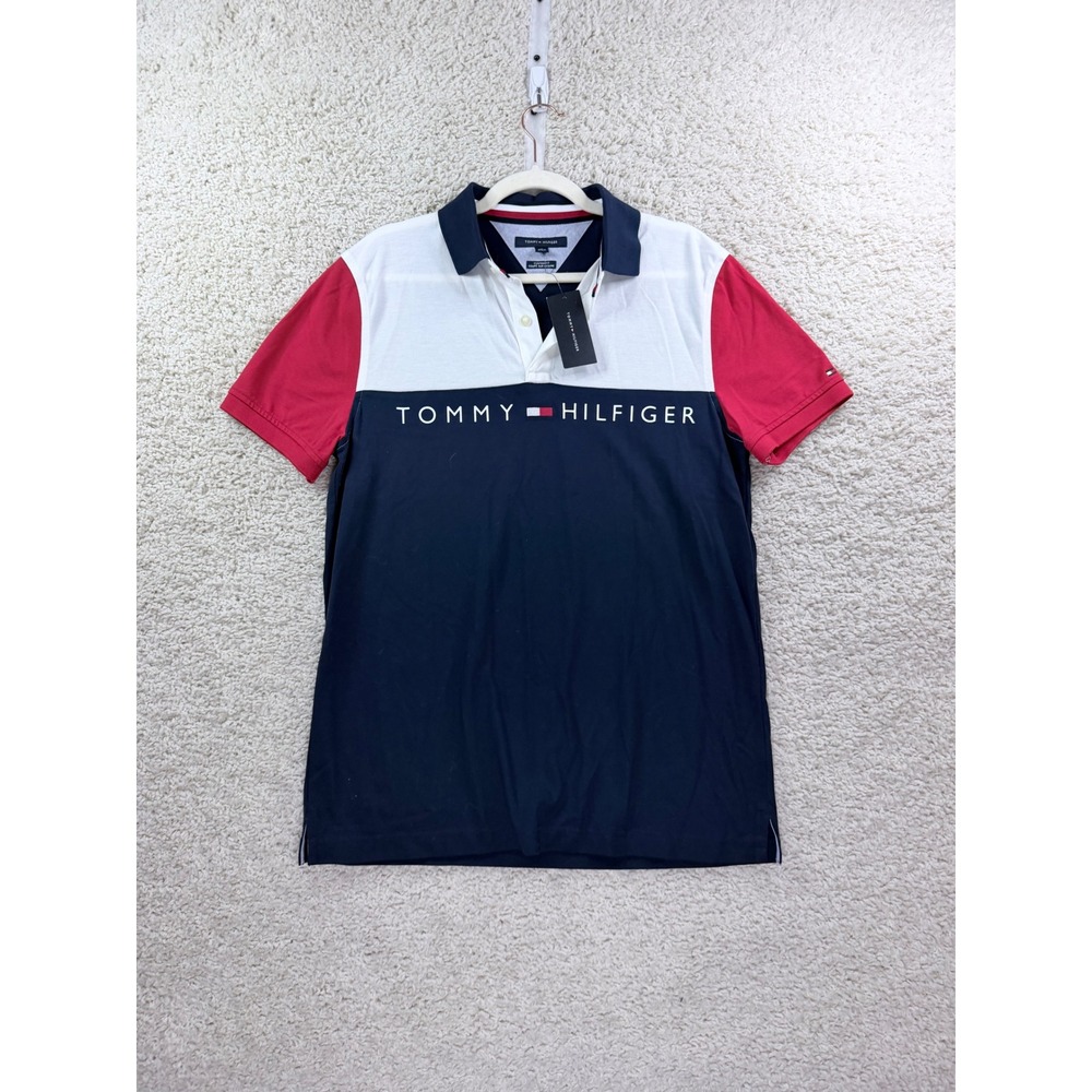 Mens M Tommy Hilfiger Polo Shirt Cotton Colorblock Custom Fit Navy Red NWT NEW